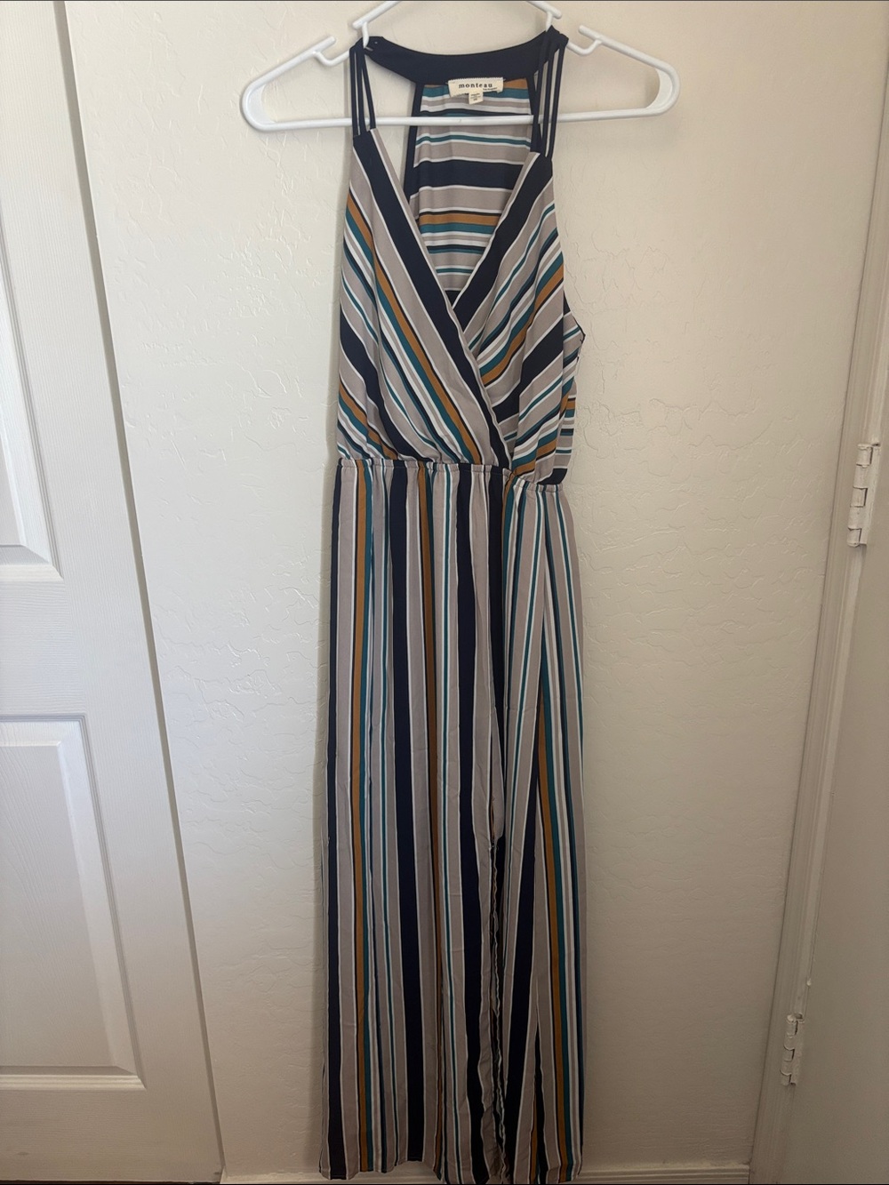 Monteau Striped Halter Maxi Dress in Navy, Teal, Mustard, Gray, Cream